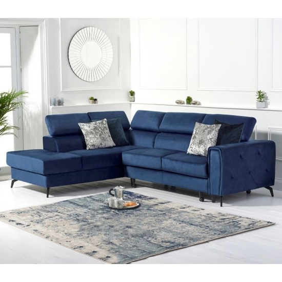 Alyssa Velvet Upholstered Left Hand Facing Corner Sofa Bed In Blue