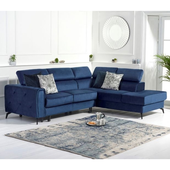 Alyssa Velvet Upholstered Right Hand Facing Corner Sofa Bed In Blue