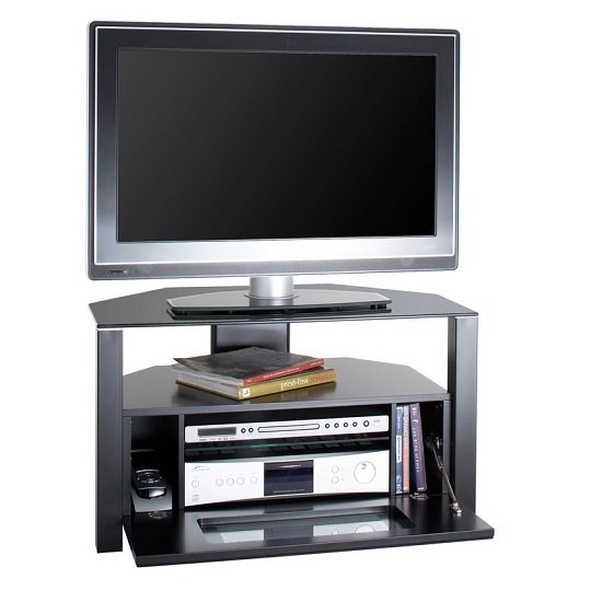 Ambri Small Glass Tv Stand In Black With Glass Door