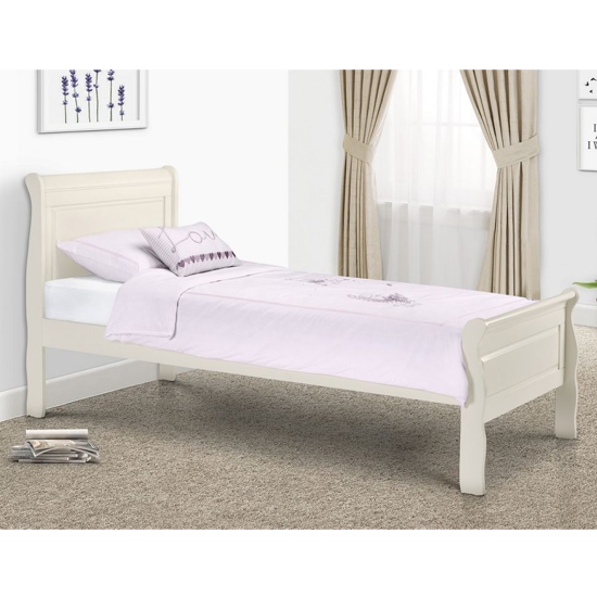 Amelia Sleigh Wooden Single Bed In Stone White