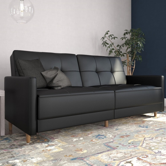 Andora Sprung Faux Leather Sofa Bed In Black With Wooden Legs