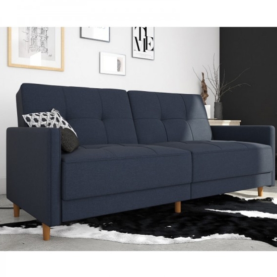 Andora Sprung Linen Fabric Sofa Bed In Navy Blue With Wooden Legs