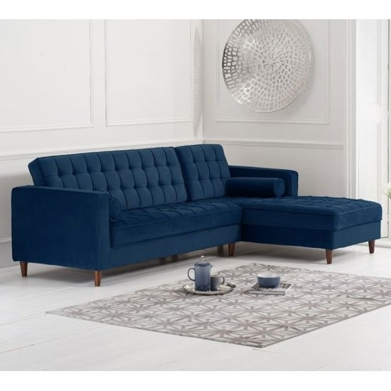 Anneliese Velvet Upholstered Right Facing Chaise Sofa In Blue