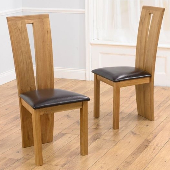 Arizona Oak Wooden Dining Chairs With Brown Leather Seat In Pair