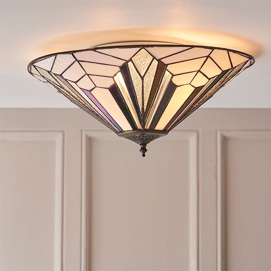 Astoria Large Tiffany Glass 2 Lights Flush Ceiling Light In Black