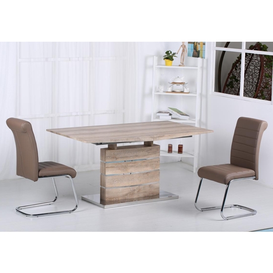 Astra Extending Wooden Dining Set In Oak Effect With 6 Pu Chrome Chairs