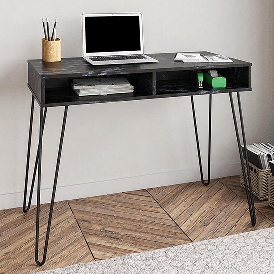 Athena Wooden Marble Effect Computer Desk With 2 Shelves In Black
