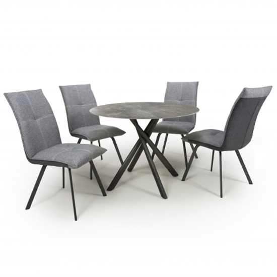 Avesta Round Grey Marble Effect Dining Set With 4 Ariel Light Grey Dining Chairs