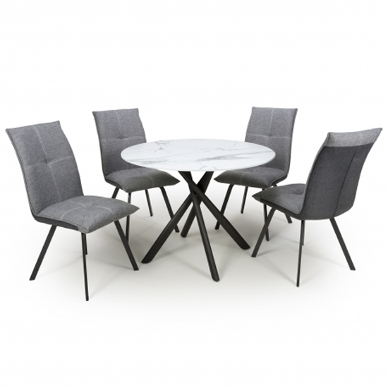Avesta Round White Marble Effect Dining Set With 4 Ariel Light Grey Dining Chairs