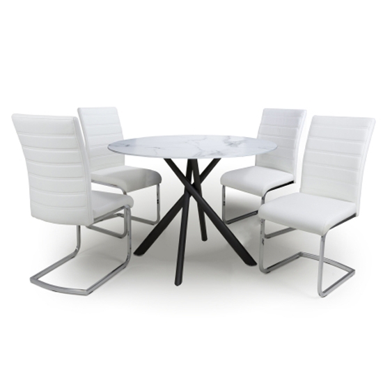Avesta Round White Marble Effect Dining Set With 4 Callisto White Dining Chairs