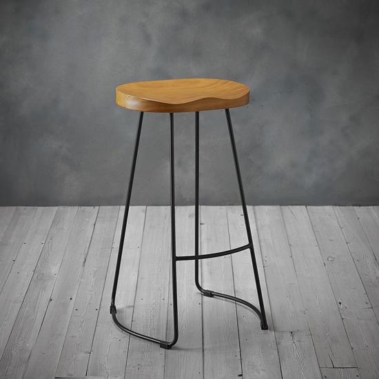 Bailey Pine Wood Seat Bar Stool With Black Metal Legs