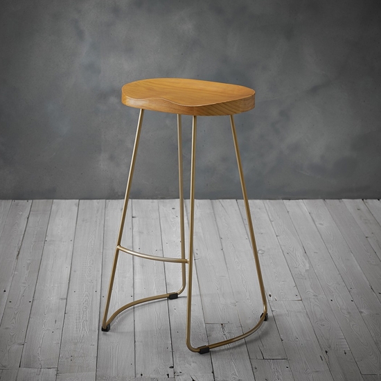 Bailey Pine Wood Seat Bar Stool With Golden Metal Legs