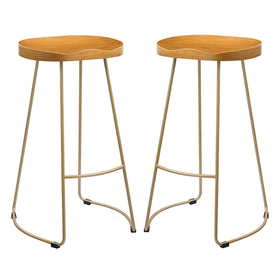 Bailey Pine Wood Seat Bar Stools In Pair With Golden Metal Legs