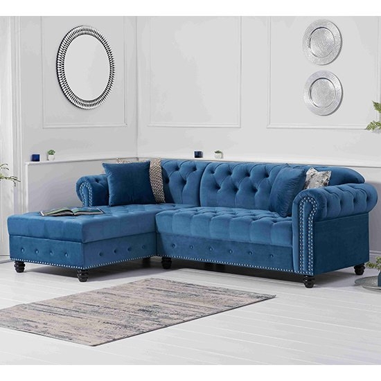 Barbican Left Facing Velvet Upholstered Chaise Sofa In Blue