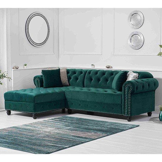 Barbican Left Facing Velvet Upholstered Chaise Sofa In Green