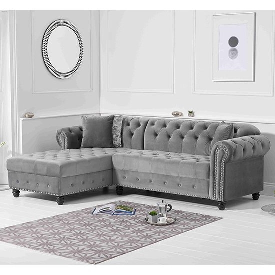 Barbican Left Facing Velvet Upholstered Chaise Sofa In Grey