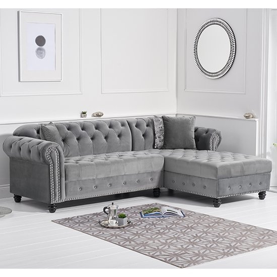 Barbican Right Facing Velvet Upholstered Chaise Sofa In Grey