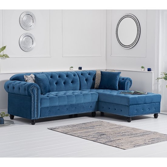 Barbican Right Facing Velvet Upholstered Corner Chaise Sofa In Blue