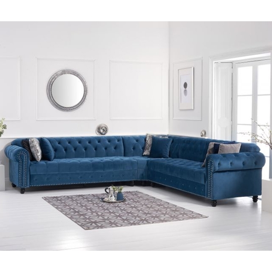 Barbican Velvet Upholstered Corner Sofa In Blue