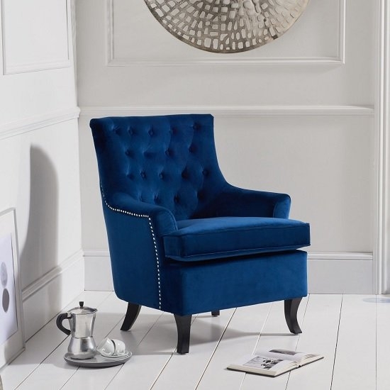 Barney Blue Velvet Bedroom Chair With Black Wooden Legs