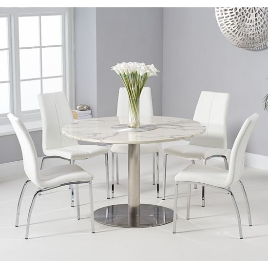 Battista 120cm White Marble Effect Round Dining Table With 6 Carsen White Chairs