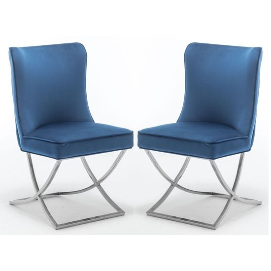 Belgravia Blue Velvet Dining Chair In Pair With Chrome Legs