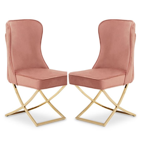 Belle Dusky Pink Velvet Dining Chairs In Pair With Gold Legs