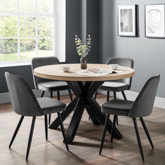 Berwick Round Wooden Dining Table In Oak With 4 Burgess Grey Chairs
