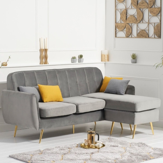 Bina Velvet Upholstered 3 Seater Chaise Corner Sofa In Grey