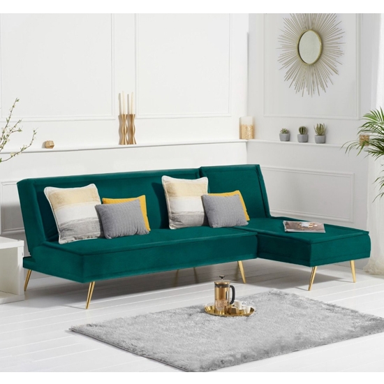 Breva Velvet Upholstered 3 Seater Chaise Corner Sofa Bed In Green