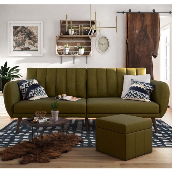 Brittany Linen Fabric Sofa Bed In Green With Wooden Legs