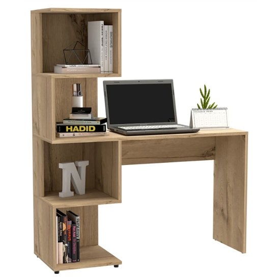 Brooklyn Wooden Computer Desk With Tall Shelving Unit In Bleached Pine Effect