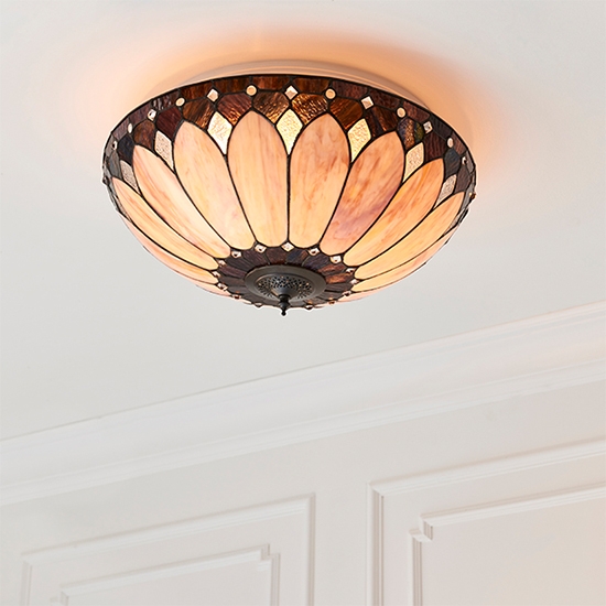 Brooklyn Large Tiffany Glass 2 Lights Flush Ceiling Light In Dark Bronze