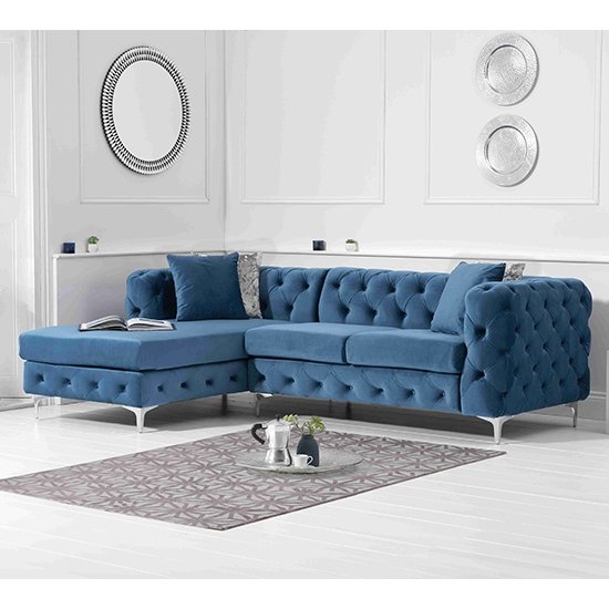 Brunel Left Facing Velvet Upholstered Corner Sofa In Blue