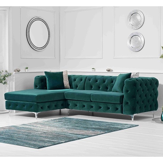 Brunel Left Facing Velvet Upholstered Corner Sofa In Green