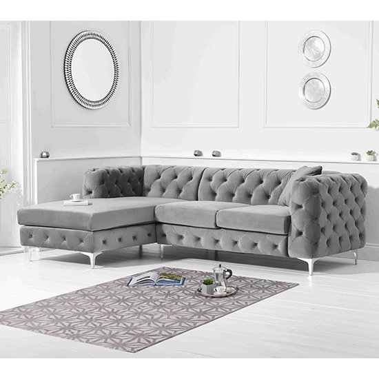 Brunel Left Facing Velvet Upholstered Corner Sofa In Grey