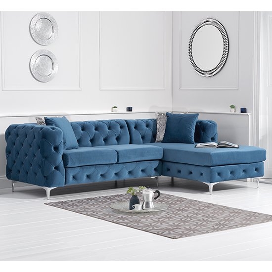 Brunel Right Facing Velvet Upholstered Corner Sofa In Blue