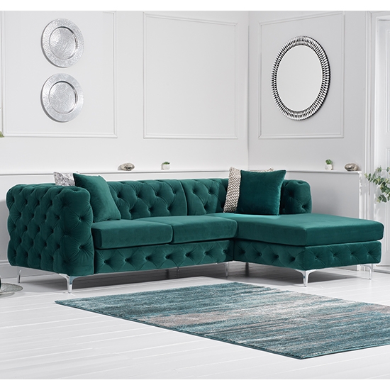 Brunel Right Facing Velvet Upholstered Corner Sofa In Green