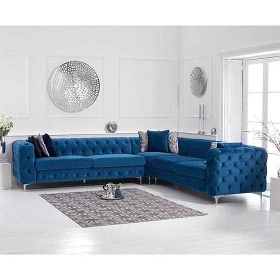 Brunel Velvet Upholstered Corner Sofa In Blue