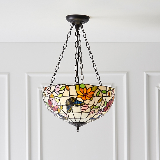 Butterfly Medium Inverted Tiffany Art Glass 3 Lights Ceiling Pendant Light In Dark Bronze