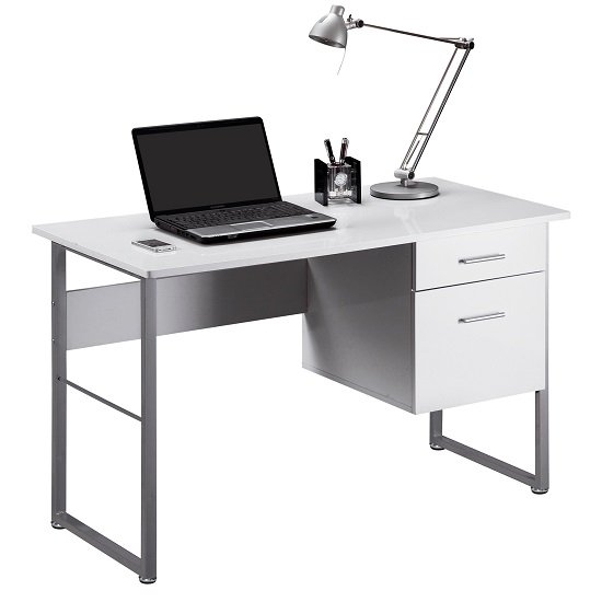 Cabrini Wooden Computer Desk In White High Gloss And Grey Frame