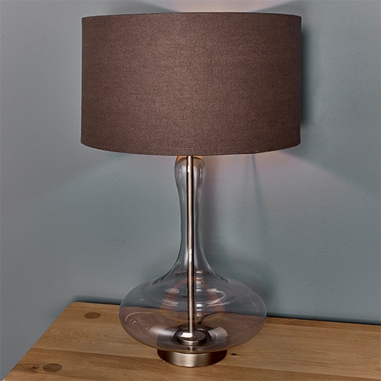 Caia Faux Linen Dark Charcoal Shade Table Lamp In Aged Pewter
