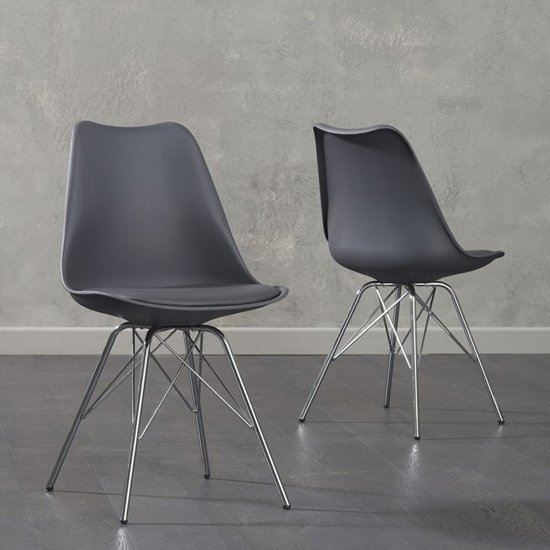 Calabasus Dark Grey Faux Leather Dining Chairs With Chrome Legs In Pair