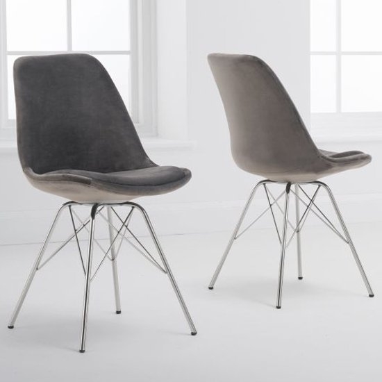 Calabasus Dark Grey Velvet Dining Chairs With Chrome Legs In Pair