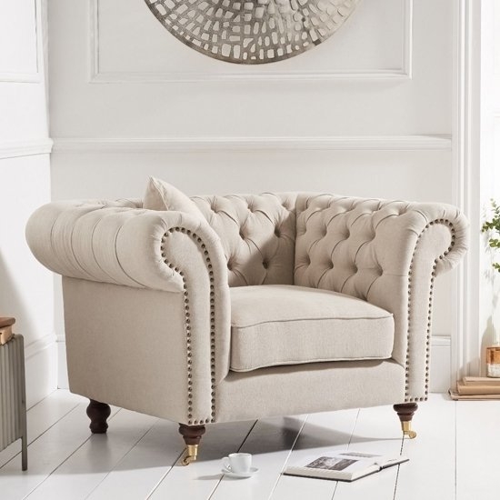 Camara Chesterfield Linen Fabric Upholstered Armchair In Beige
