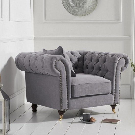 Camara Chesterfield Linen Fabric Upholstered Armchair In Grey