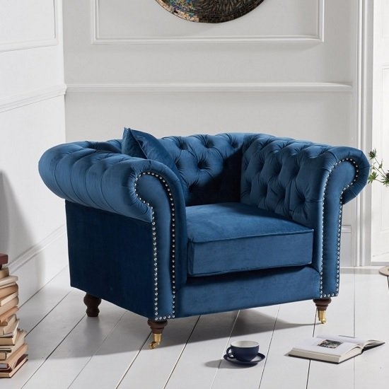 Camara Chesterfield Velvet Upholstered Armchair In Blue