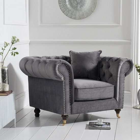 Camara Chesterfield Velvet Upholstered Armchair In Grey