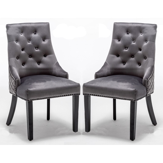 Cambridge Round Knocker Dark Grey Velvet Upholstered Dining Chair In Pair