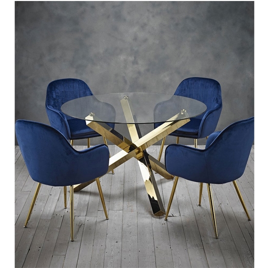 Capri Clear Glass Dining Set With 4 Lara Blue Velvet Chairs